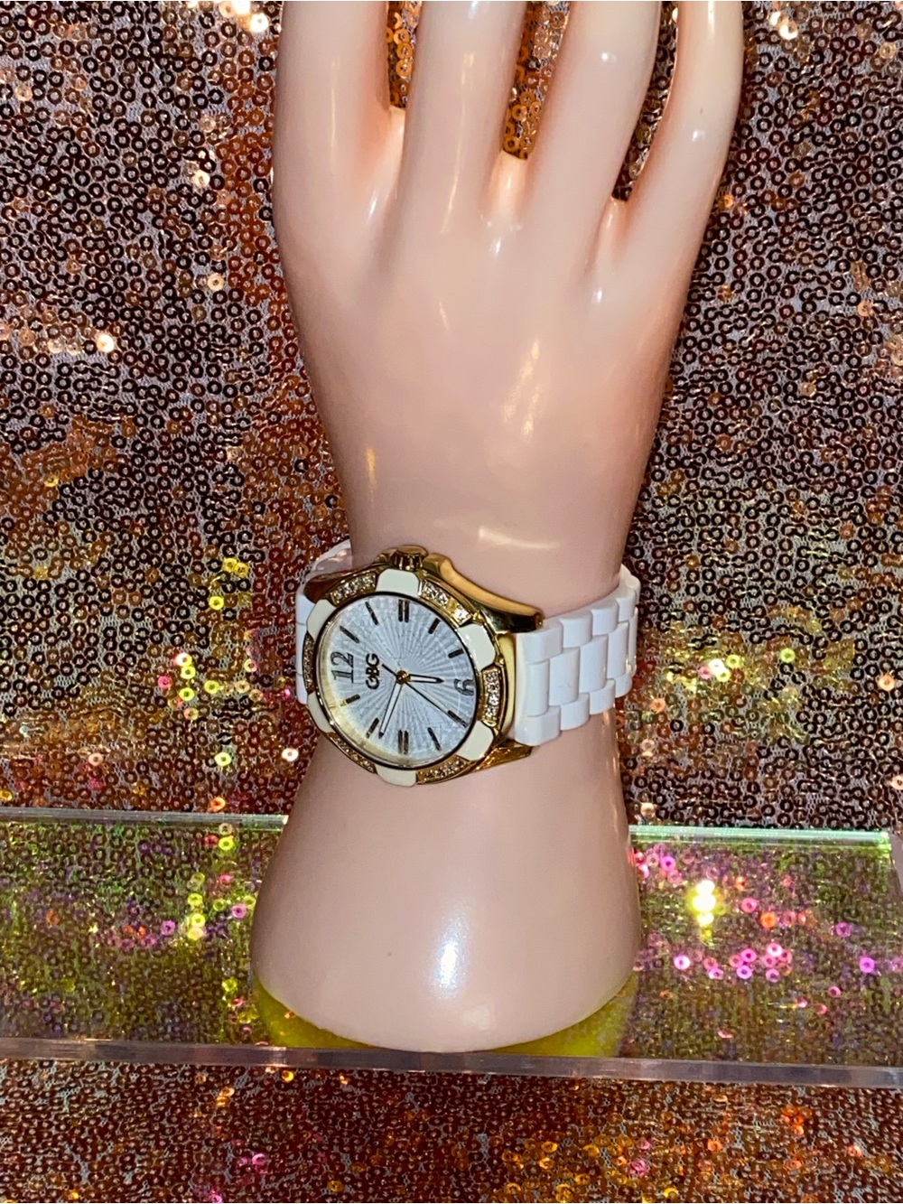 Guess G by Guess White & Gold Crystal Accent Watch | Silicone Strap | Fresh Luxe